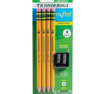 Ticonderoga My First Wood-Cased Pencils, Pre-Sharpened, 2 HB, With Sharpener, Yellow, 4 Co