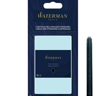 Waterman Fountain Pen Ink Cartridges, Long, Intense Black, 8 Count, Blister Pack