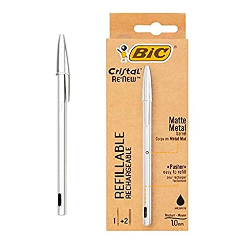 Bic Cristal ReNew Re-Fillable Pen and 2 Refills, Black Single Pack,501036