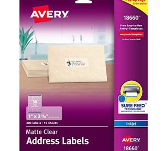 Avery Printable Address Labels with Sure Feed, 1″ x 2-5/8″, Matte Clear, 300 Blank Mailing