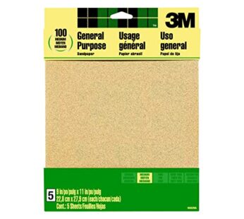 3M Sandpaper, 100 Grit, 5 Sheets, 9 in x 11 in, Sands Paint, Wood & Metal, Great For Gener