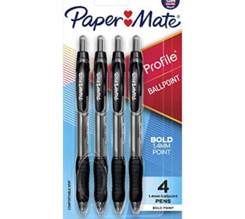 Paper Mate Profile Retractable Ballpoint Pen, Bold Point, Translucent Barrel, Black Ink, 4