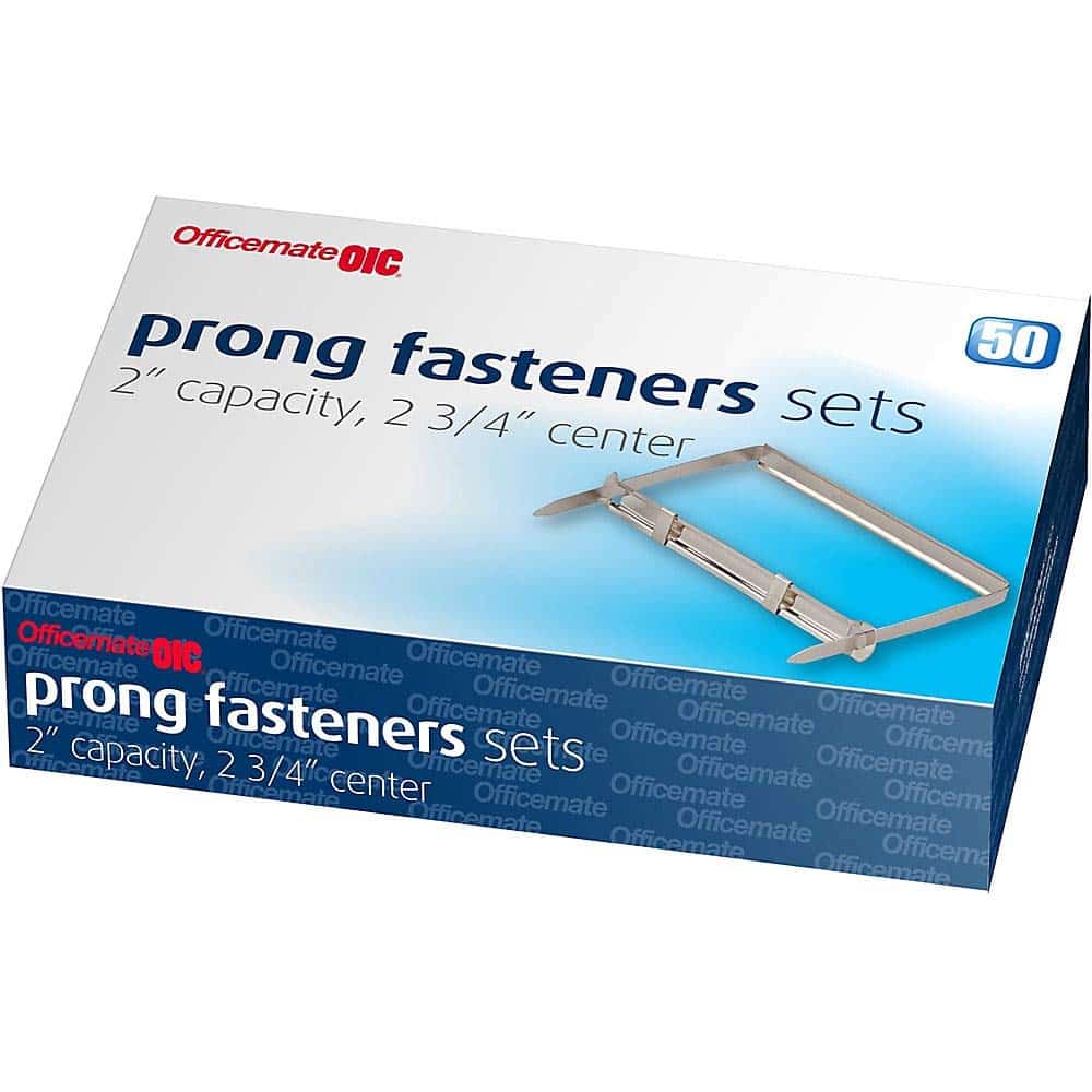 Officemate Prong Paper Fasteners, 2 inch Capacity, 2.75 inch Base, Box of 50 Complete Sets