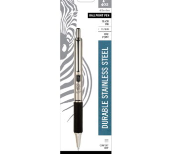 Zebra Pen F-402 Retractable Ballpoint Pen, Stainless Steel Barrel, Fine Point, 0.7mm, Blac