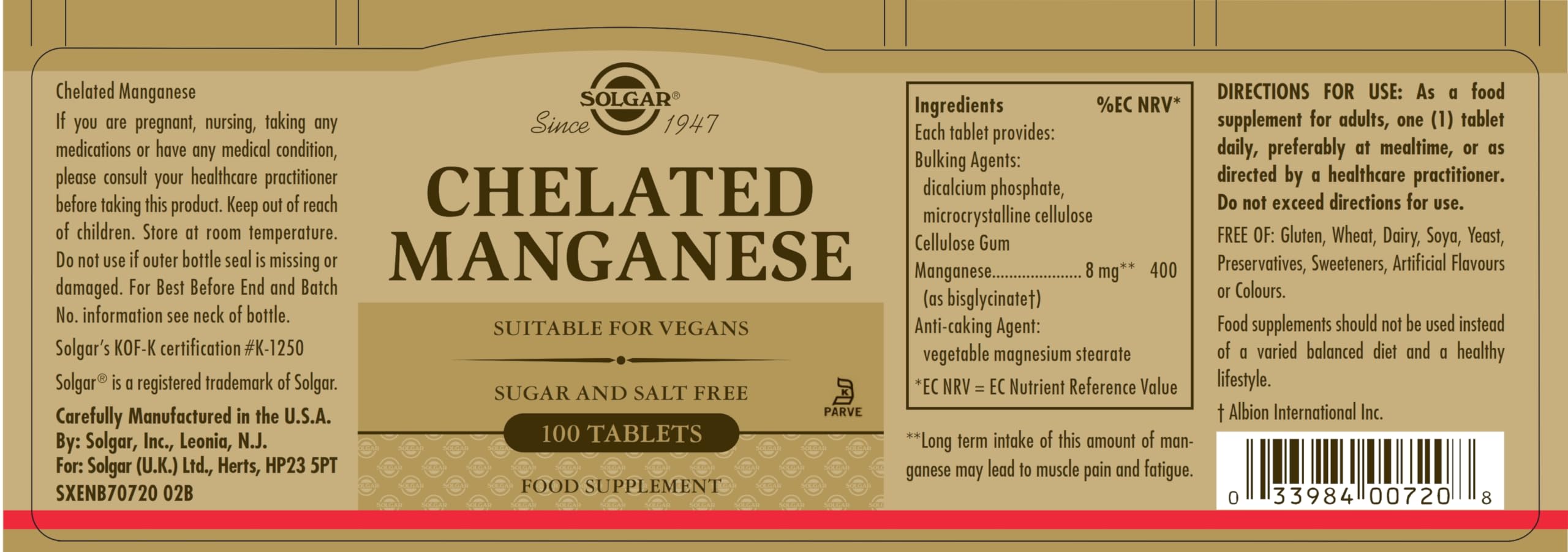 Solgar Chelated Manganese, 100 Tablets - Supports Bone, Joint & Nerve Health - Highly Abso - Image 2