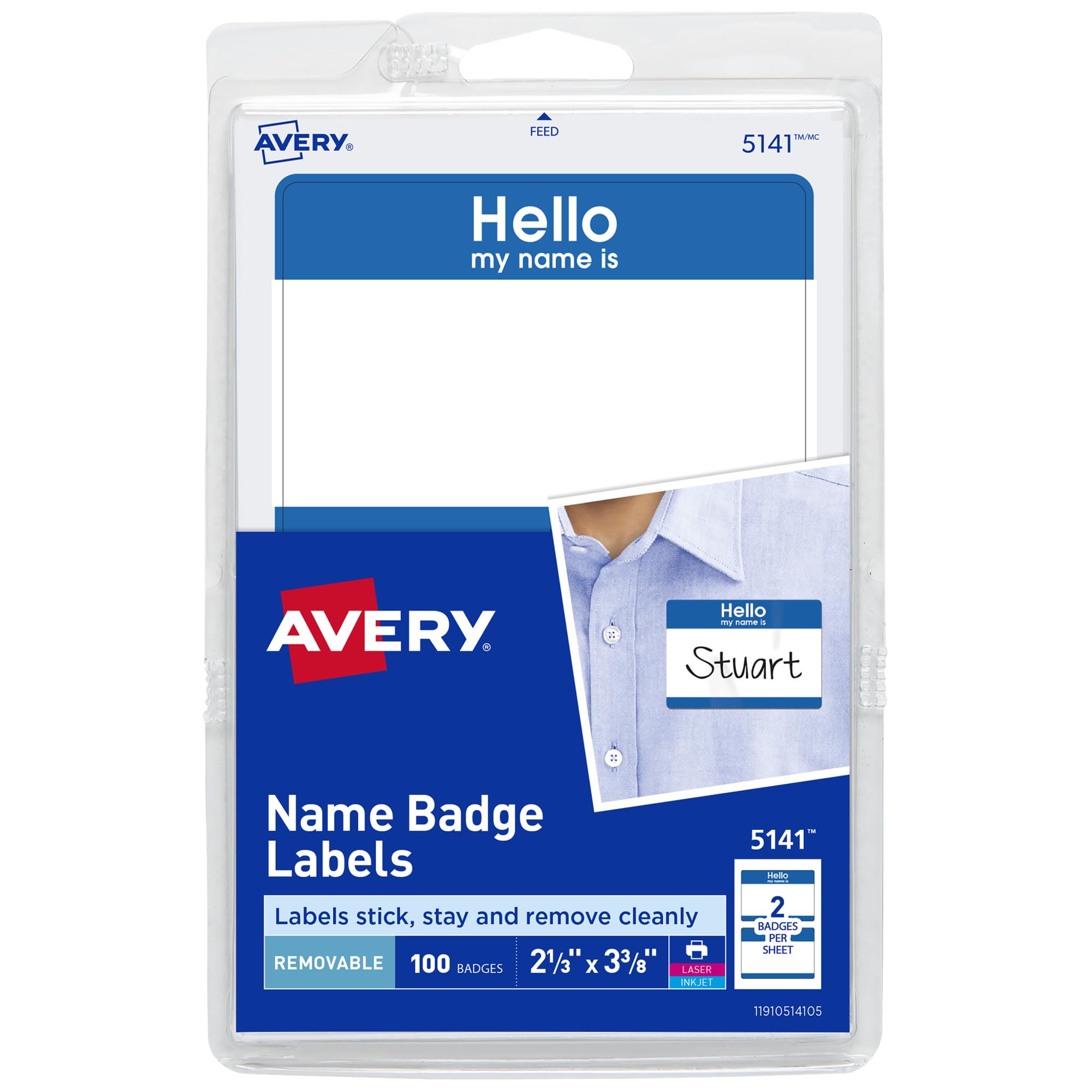 Avery Hello My Name is Name Tags, White with Blue Border, 100 Removable Name Badges (05141