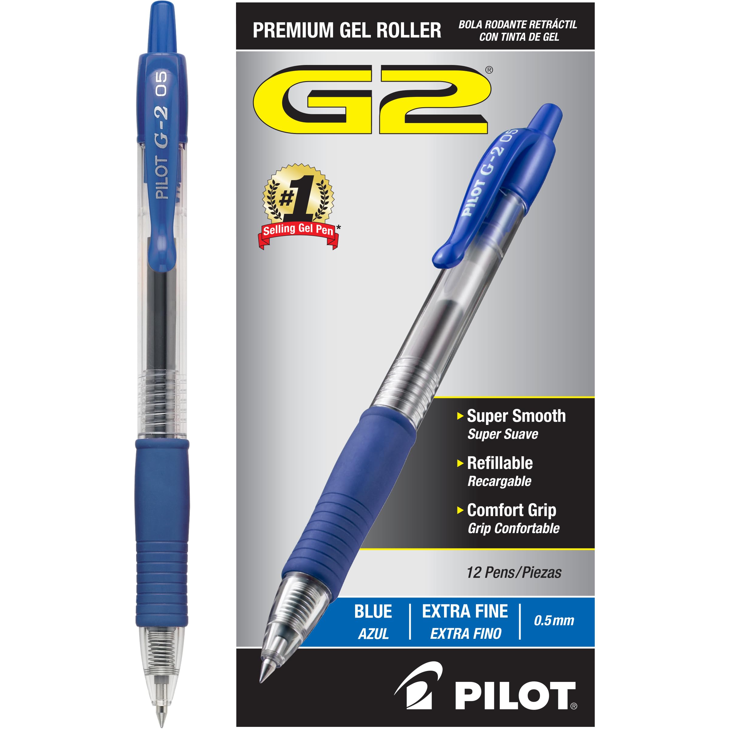 Pilot, G2 Premium Gel Roller Pens, Extra Fine Point 0.5 mm, Pack of 12, Blue