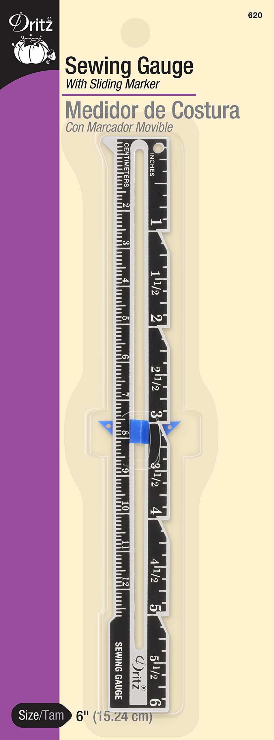 Dritz 6" Sliding Marker Sewing Gauge, Nickel with Black Printing and Blue Slider