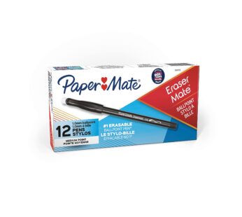 Paper Mate EraserMate Erasable Pen, Medium Point, Black, Box of 12