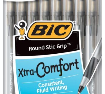 BIC Round Stic Grip Xtra Comfort Ballpoint Pen, Medium Point (1.2mm), Black, 8-Count
