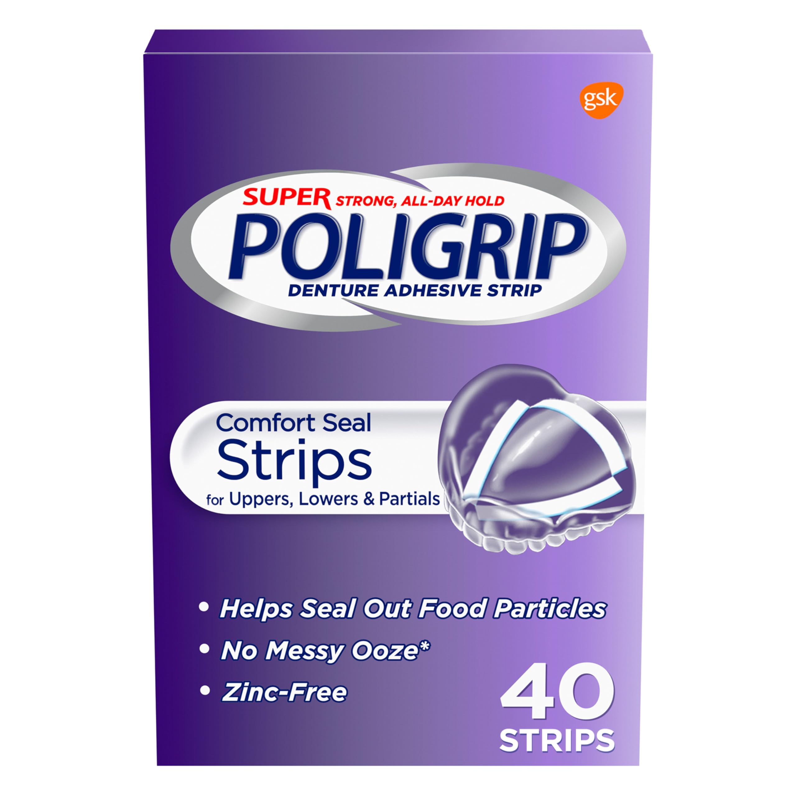 Super PoliGrip Comfort Seal Strips Denture Adhesive - 40 Strips by Super Poligrip Pack of