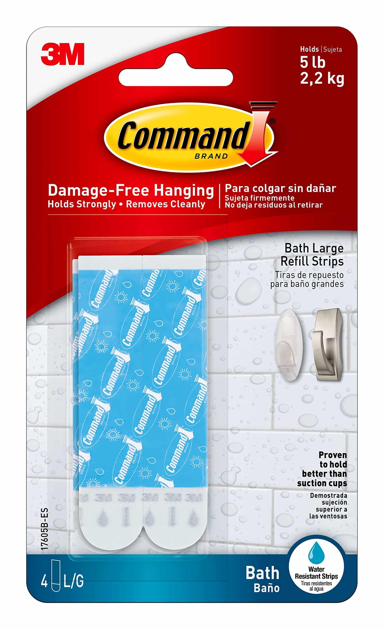 Command Bath Large Water-Resistant Adhesive Refill Strips, 4-Large Strips, Re-Hang Large B