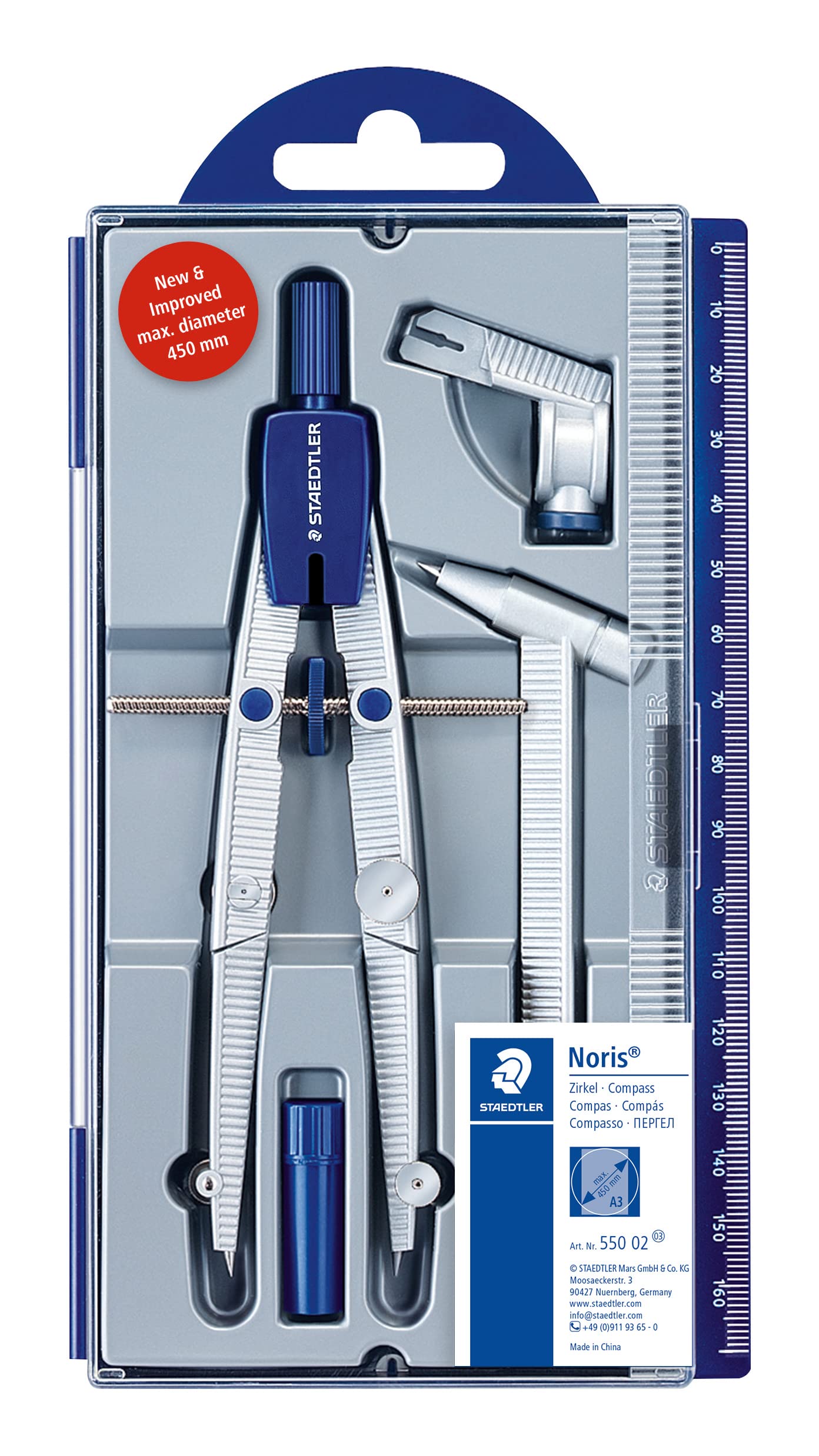 STAEDTLER 550 02 Noris School Compass with Centre Wheel, Extension Bar, Universal Adapter