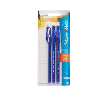 Paper Mate Erasermate Stick Medium Tip Ballpoint Pens, 3 Blue Ink Pens (3150458PP)