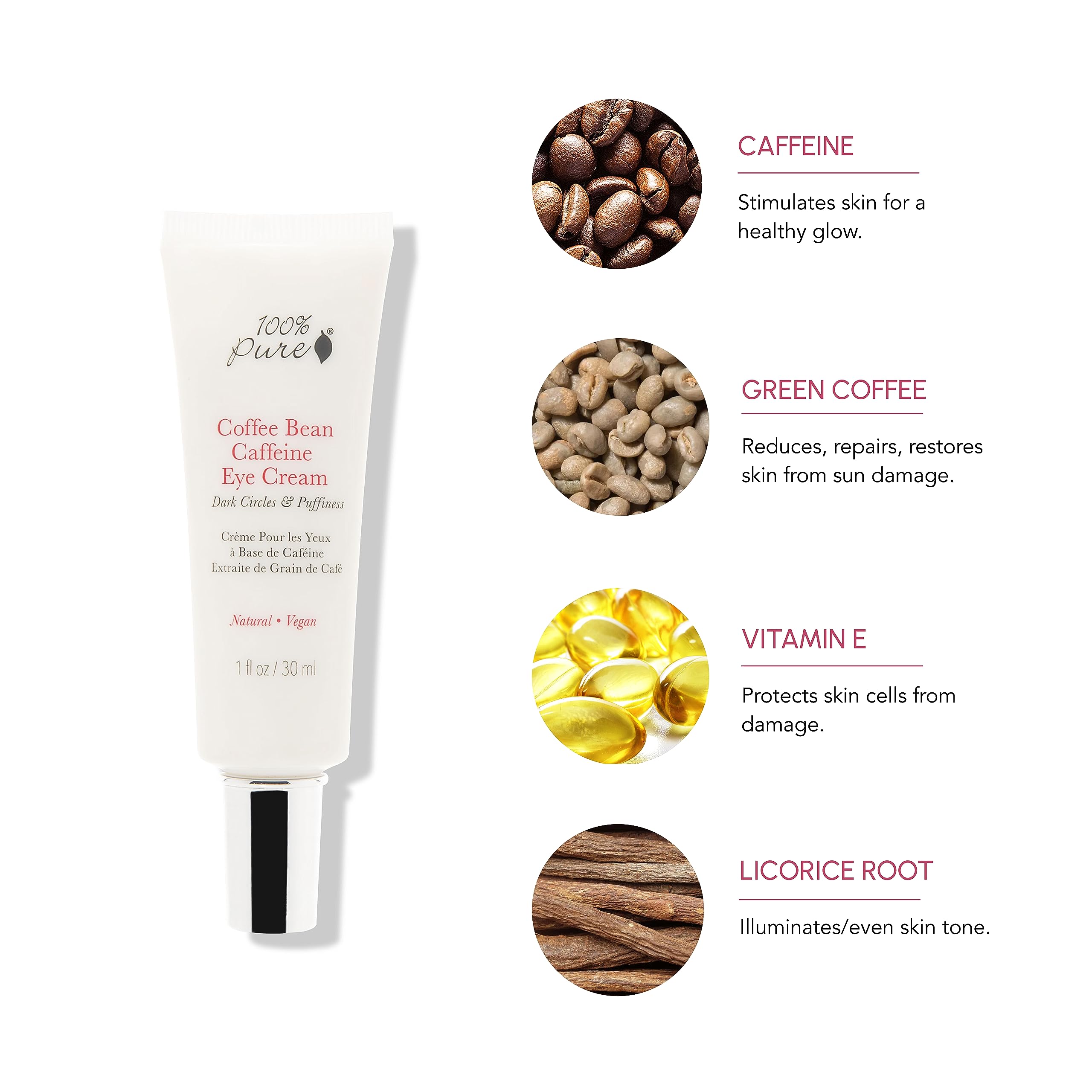 100% PURE Coffee Bean Caffeine Eye Cream Refresh & Hydrate Under Eye Treatment Reduce Puff - Image 3