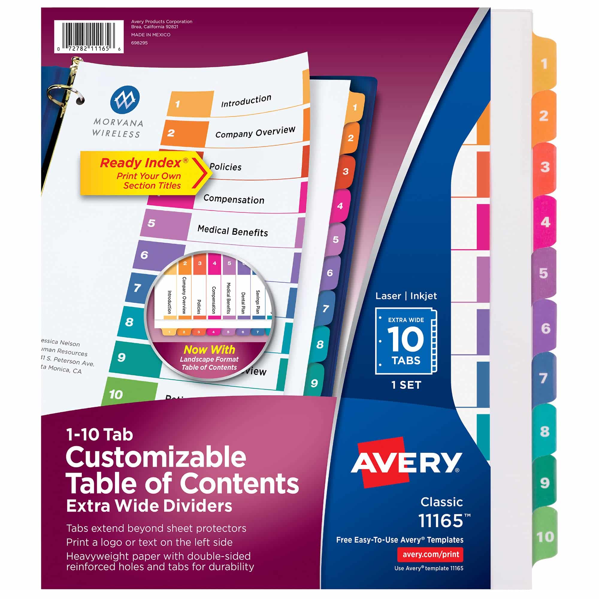 Avery Extra-Wide Ready Index Dividers for 3 Ring Binders, 10 Tab Set, Printable Table of C