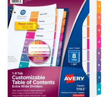 Avery Extra-Wide 8 Tab Dividers for 3 Ring Binders, Customizable Table of Contents, Multic