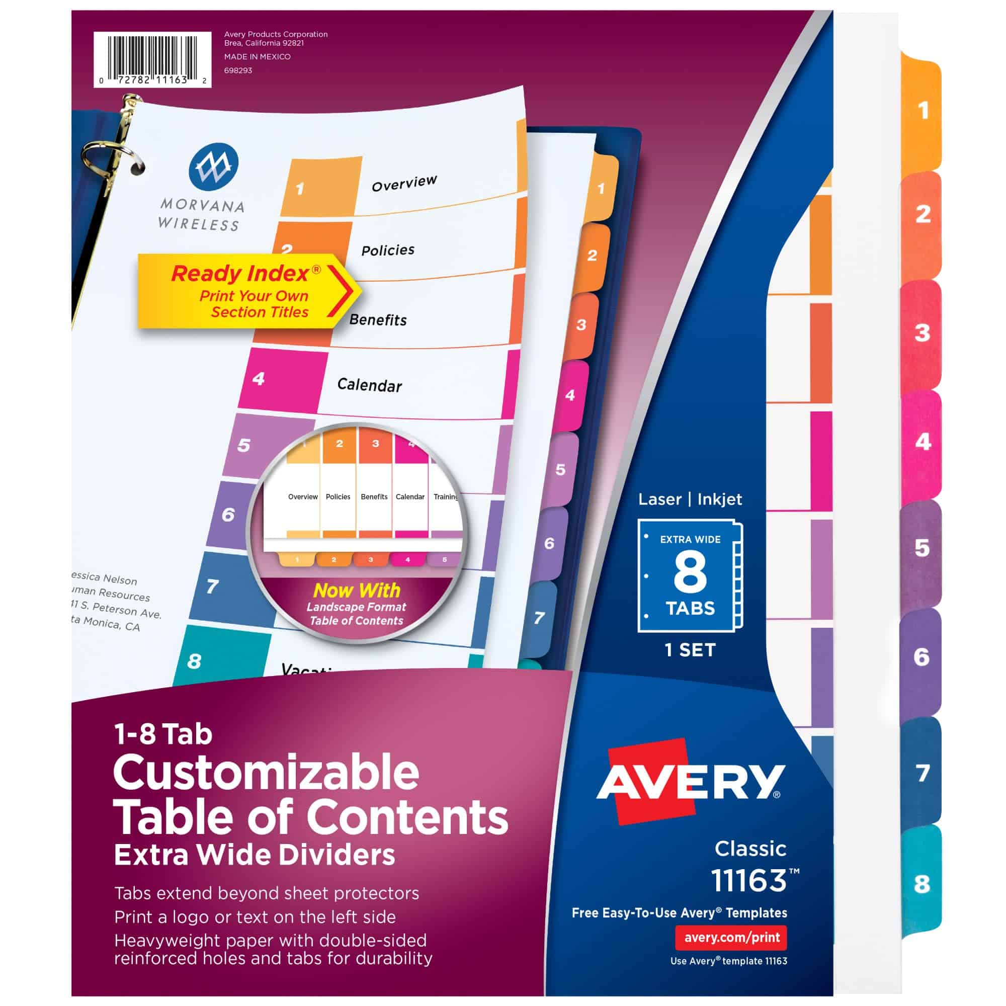 Avery Extra-Wide 8 Tab Dividers for 3 Ring Binders, Customizable Table of Contents, Multic