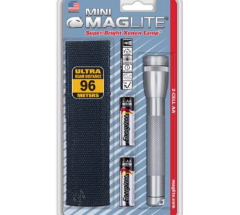 Maglite Mini Incandescent 2-Cell AA Flashlight with Holster, Gray