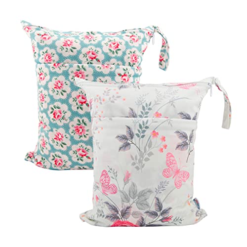 ALVABABY 2pcs Cloth Diaper Wet Dry Bags Waterproof Reusable with Two Zippered Pockets Trav