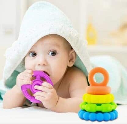 Stacking Baby Teether Toy - Sensory Silicone Teething Rings for Babies Promote Motor Ski