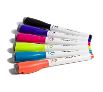 U Brands Magnetic Dry Erase Markers With Erasers, Set of 6, Assorted Colors, Low-Odor, Med