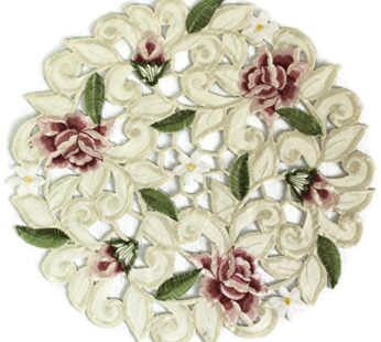 Doily Boutique Place Mat or Doily with a Light Pink Cutwork Rose, Size 15 inches