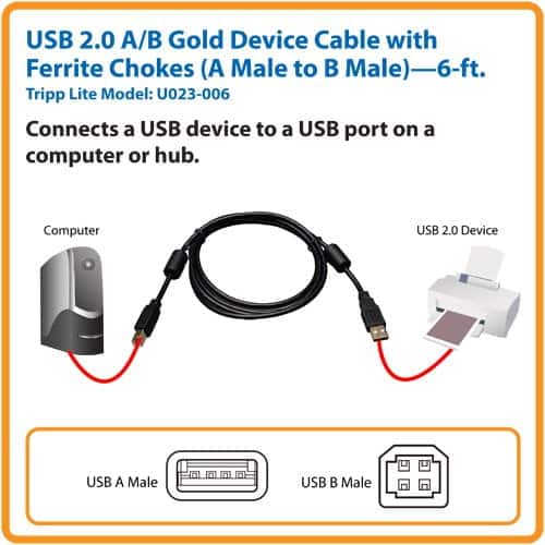 Tripp Lite USB 2.0 Hi-Speed A/B Cable with Ferrite Chokes (M/M) 6-ft. (U023-006), Black - Image 3