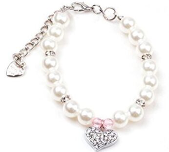 PETFAVORITES Fancy Pinky Crystal Heart Pet Cat Dog Necklace Jewelry with Bling Pearls Rhin