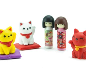 Japanese Iwako Maneki Neko & Kokeshi Eraser Set