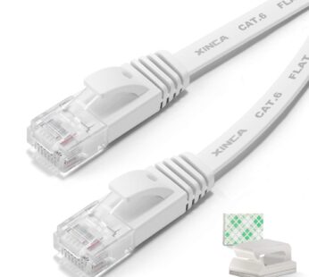 XINCA Cat6 Ethernet Cable 25 ft White Gigabit Flat Network LAN Cable with 10 pcs Cable Cli