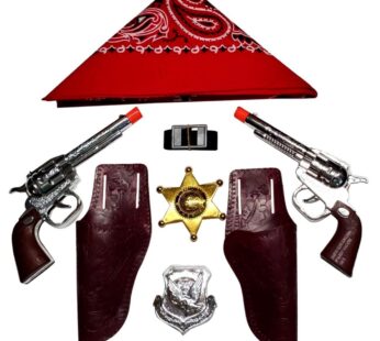 Children’s Western Cowboy Toy Set Brown and Chrome Colored Finish, Red Bandana and Silver