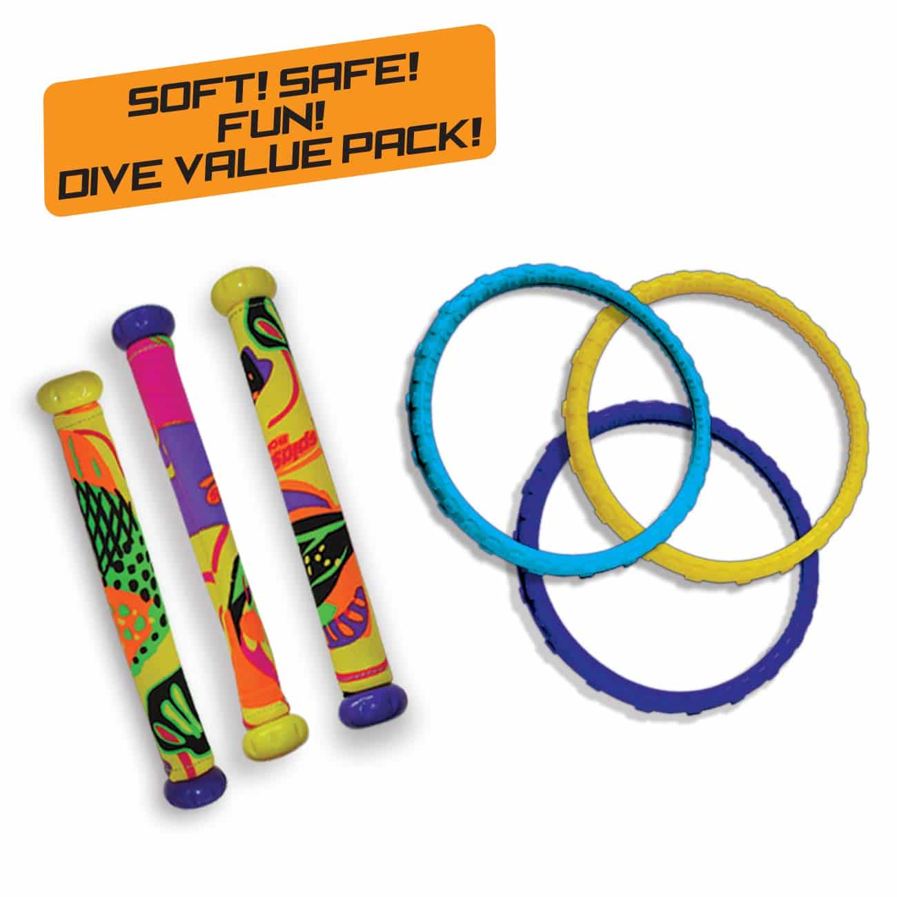 Prime Time Toys Diving Masters Power Pack Pool Diving Toy (3 - Dizzy Dive Rings / 3 - Fabr