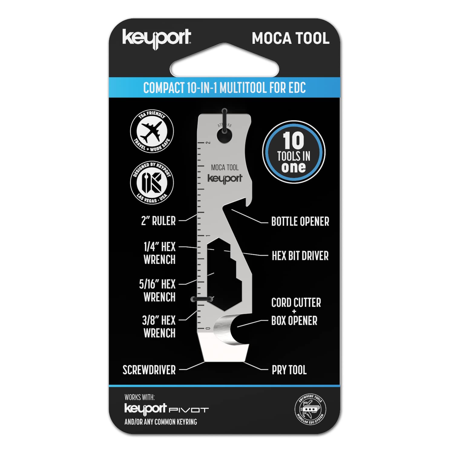Keyport MOCA 10-in-1 Keychain Multitool (Stainless) | EDC Multi Tool: Pry Bar, Bottle Open