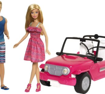 Barbie Car Beach Cruiser with Barbie Doll in Sundress & Ken Doll in Beach Outfit, Pink 2-S