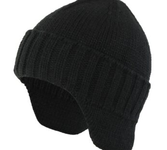 Home Prefer Mens Winter Knit Earflap Hat Velvet Lining Cuffed Beanie Cap with Ear Flaps Bl