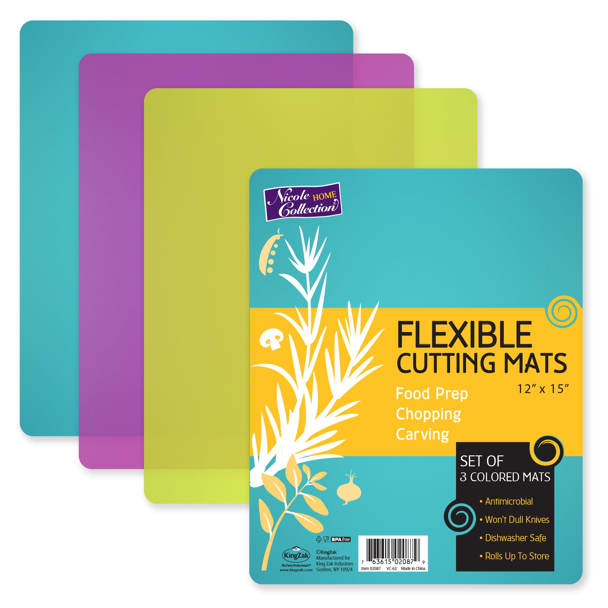 Flexible 3 Colored Cutting Board Mats set, Plastic, Colorful For Kitchen