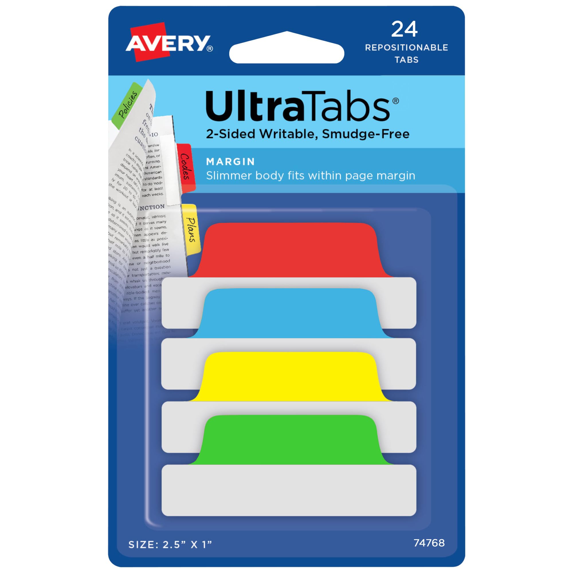 Avery Margin Ultra Tabs, 2.5" x 1", 2-Side Writable, Assorted Colors, 24 Repositionable Pa - Image 2