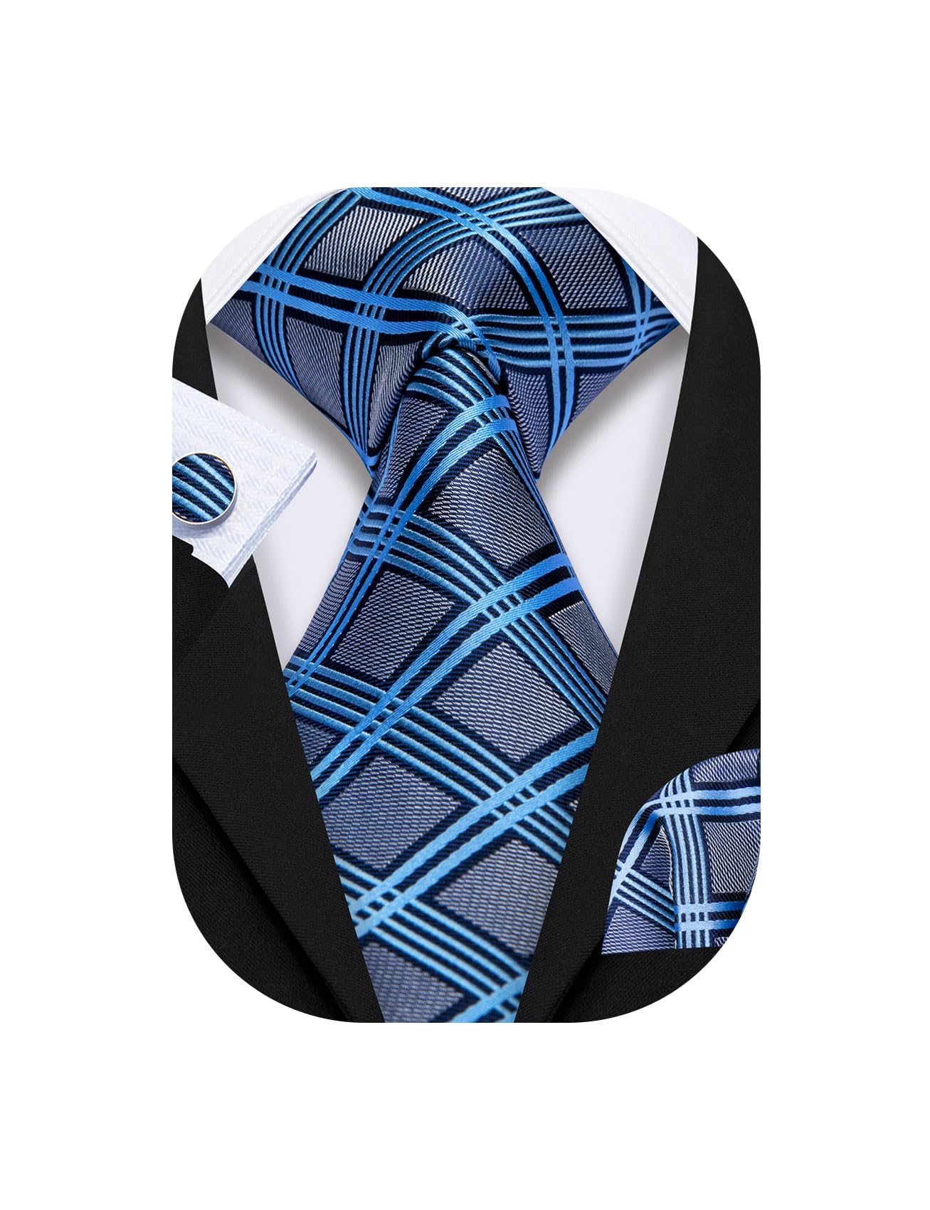 Barry.Wang Blue Grey Checks Necktie for Men,Grey Blue,One Size