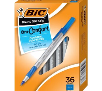 BIC Round Stic Grip Xtra Comfort Blue Ballpoint Pens, Medium Point (1.2mm), 36-Count Pack,