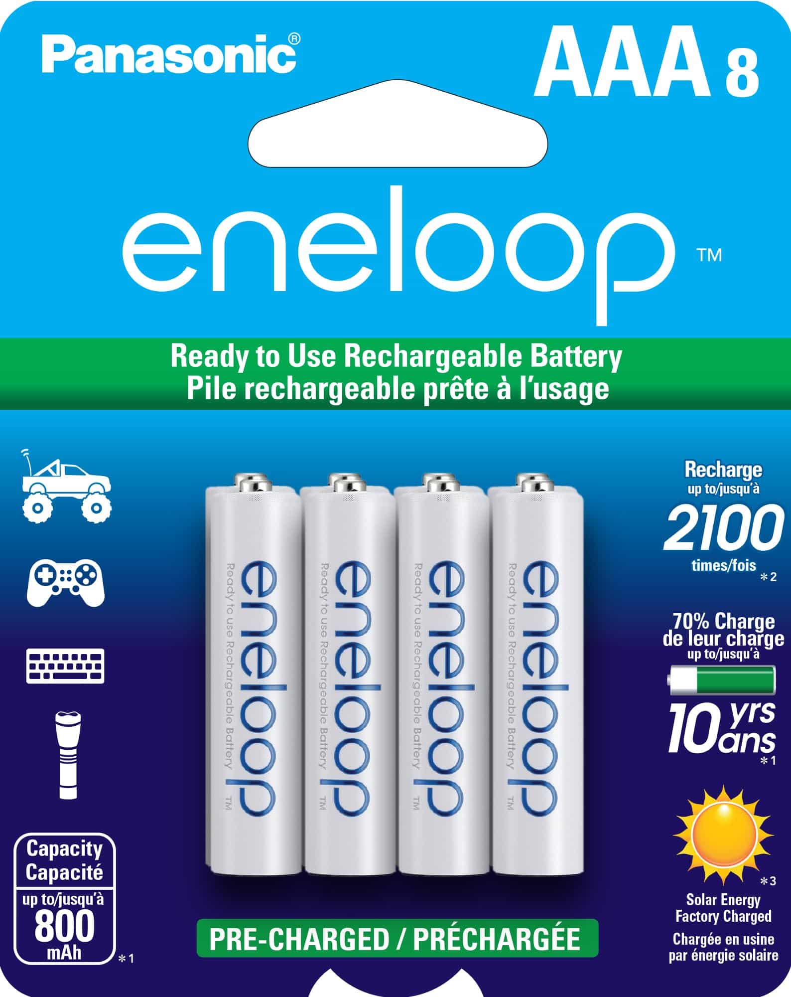 Eneloop Panasonic BK-4MCCA8BA AAA 2100 Cycle Ni-MH Pre-Charged Rechargeable Batteries, 8-B