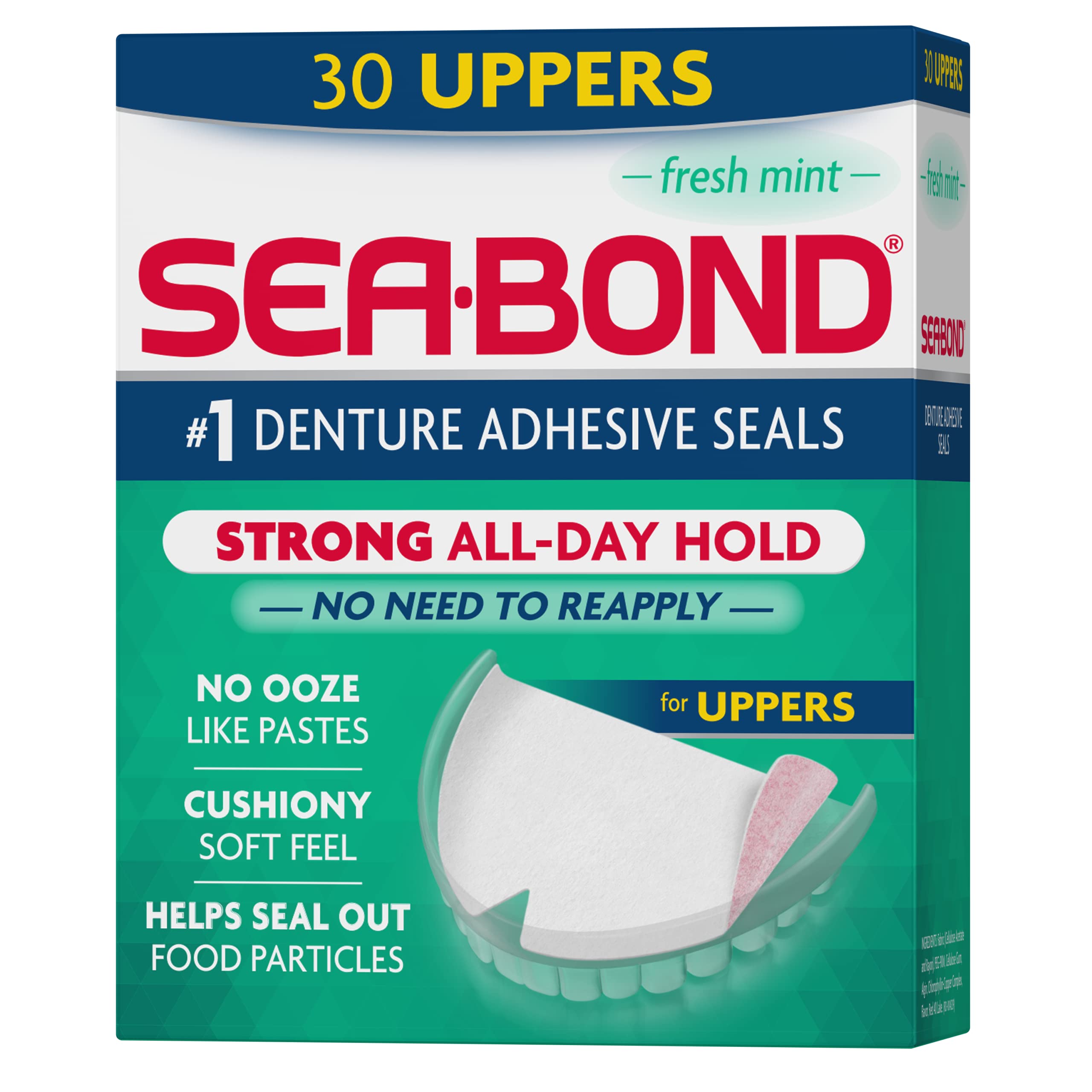 Sea Bond Secure Denture Adhesive Seals, Fresh Mint Uppers, Zinc-Free, All-Day-Hold, Mess-F
