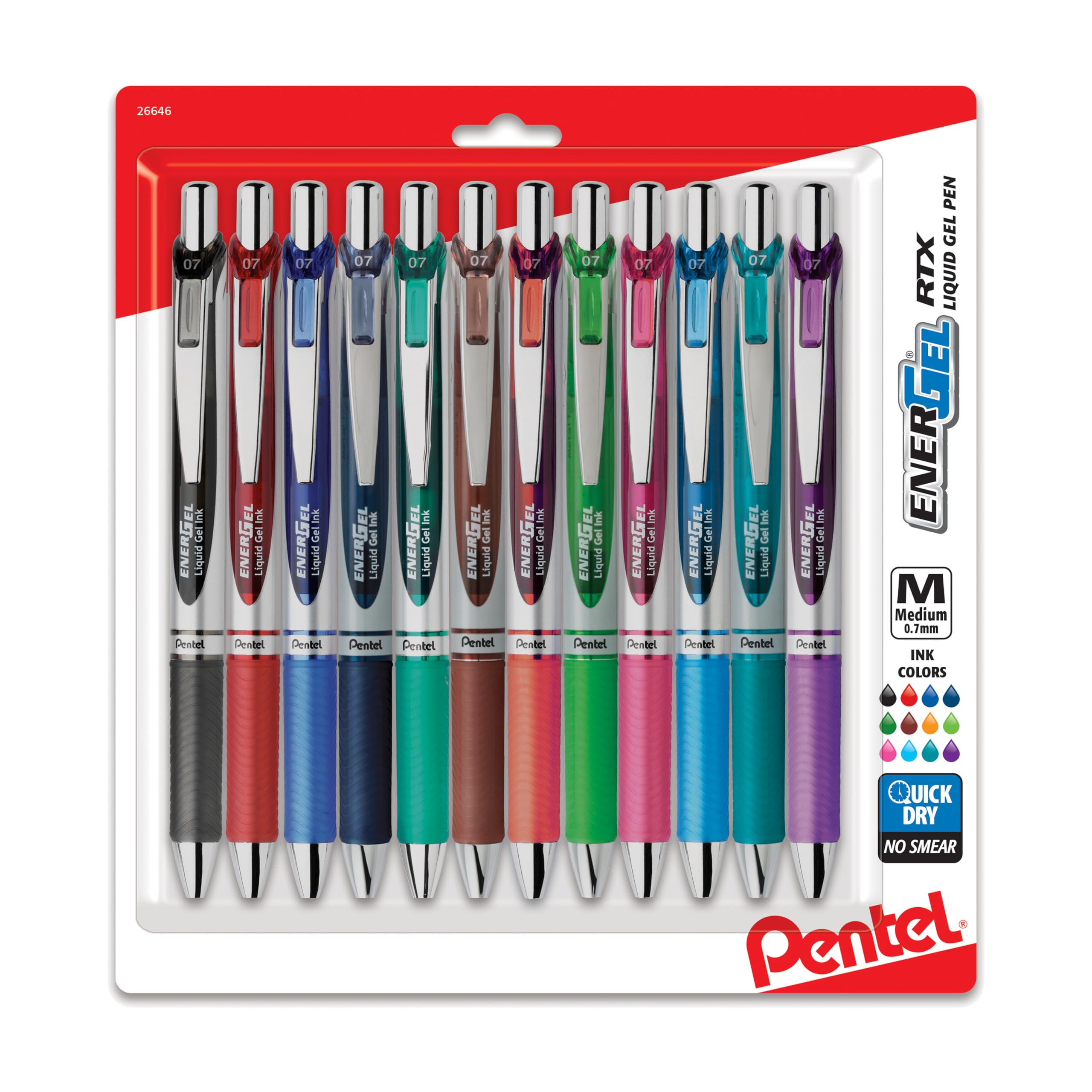 Pentel EnerGel RTX Retractable Liquid Gel Pens, Medium Point, 0.7 mm, Assorted Colors, P