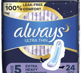 Always Ultra Thin Feminine Pads For Women, Size 5 Extra Heavy Overnight Absorbency, With W