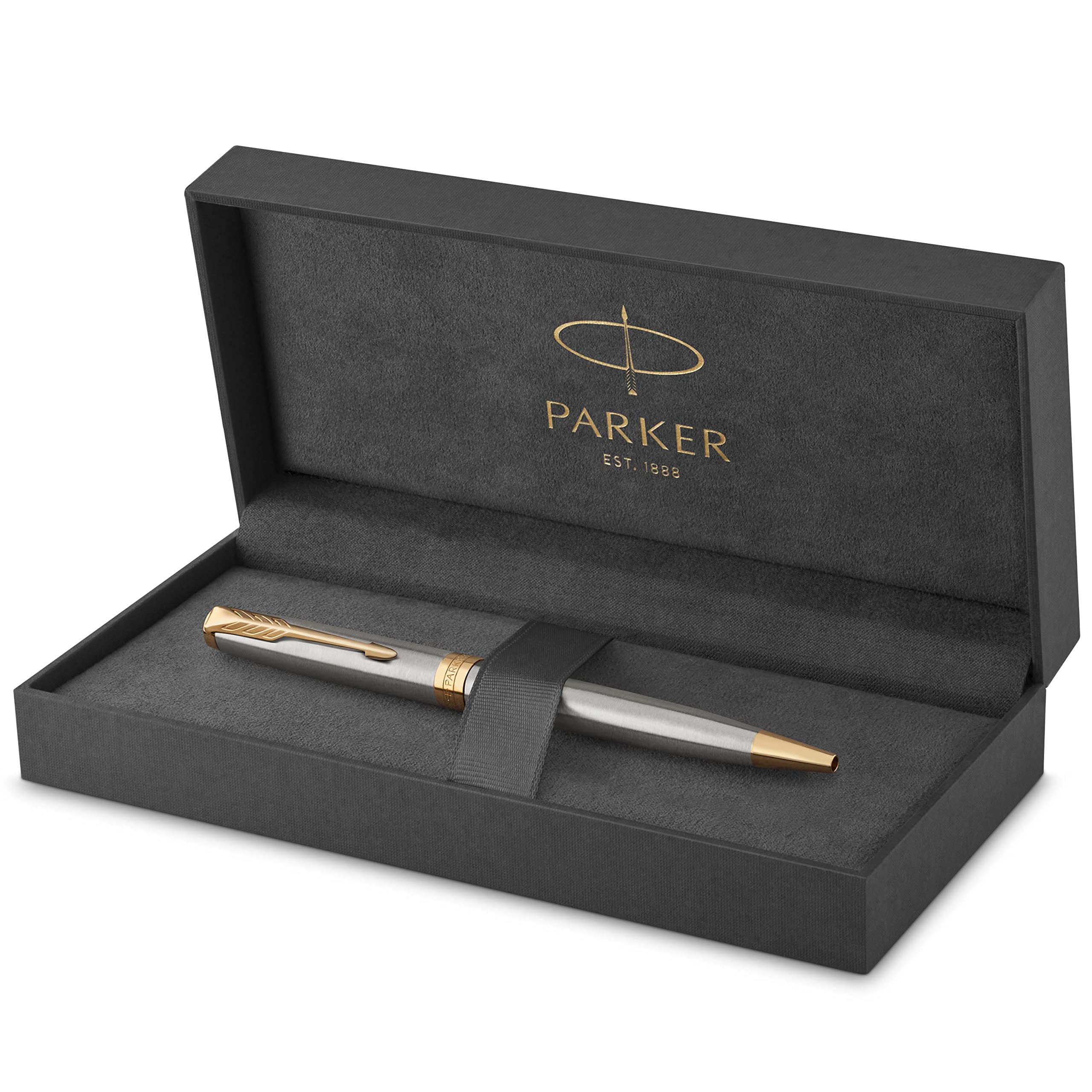 PARKER Sonnet Ballpoint Pen, Stainless Steel with Gold Trim, Medium Point Black Ink (19315