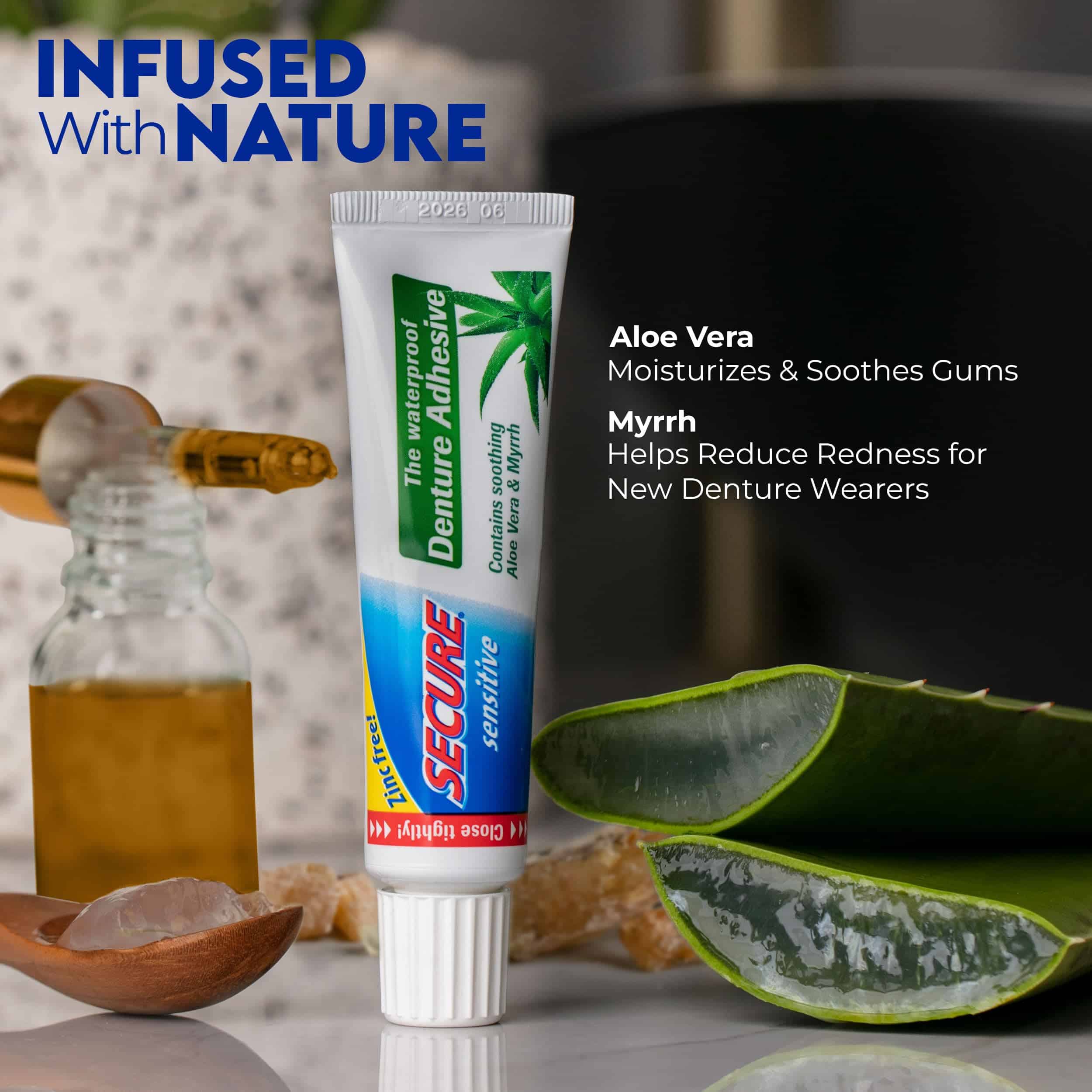 Secure Sensitive Denture Adhesive with Aloe Vera & Myrrh 12-Hour Max Hold Patented Wat - Image 2
