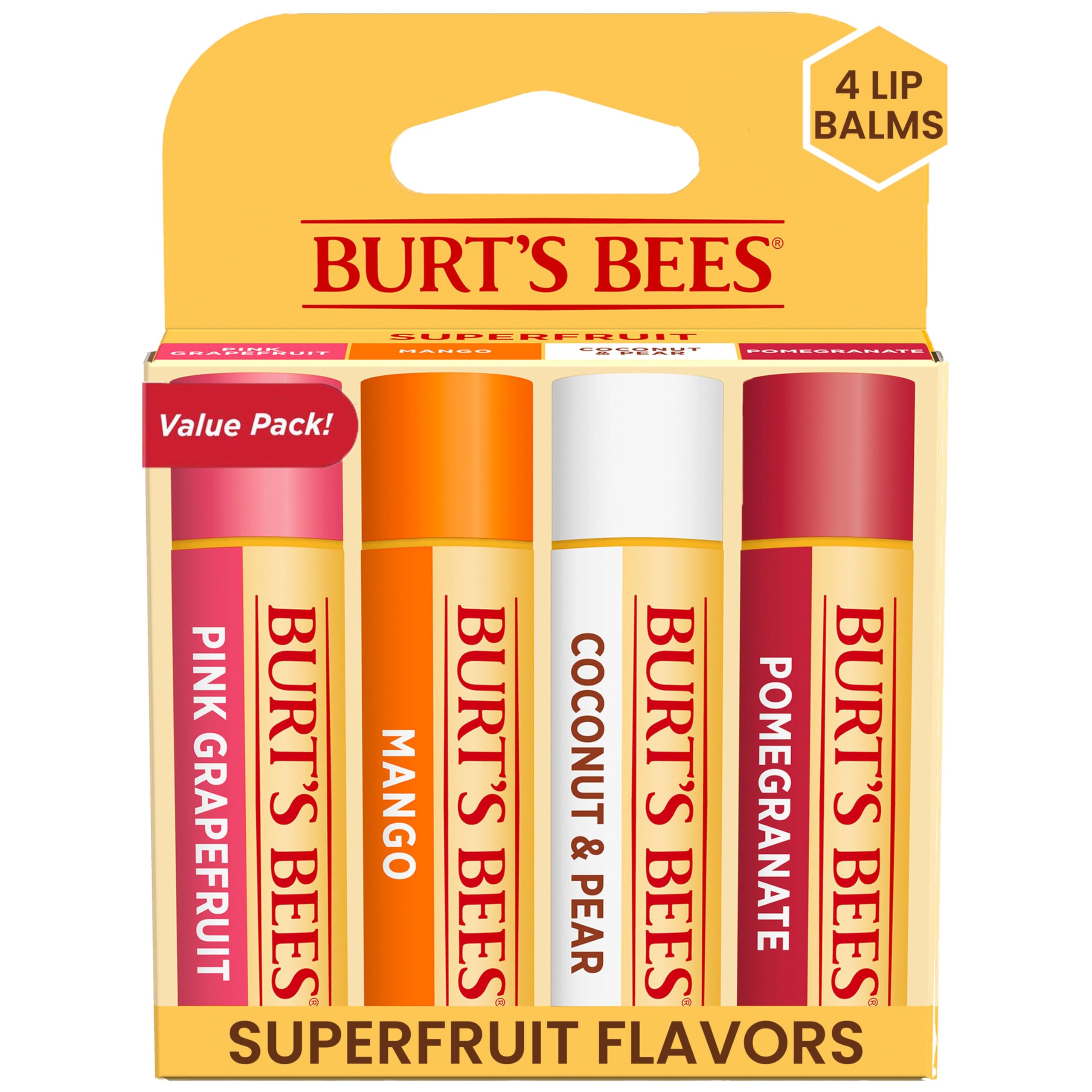 Burt's Bees Lip Balm - Pink Grapefruit, Mango, Coconut & Pear, and Pomegranate Pack, Lip M