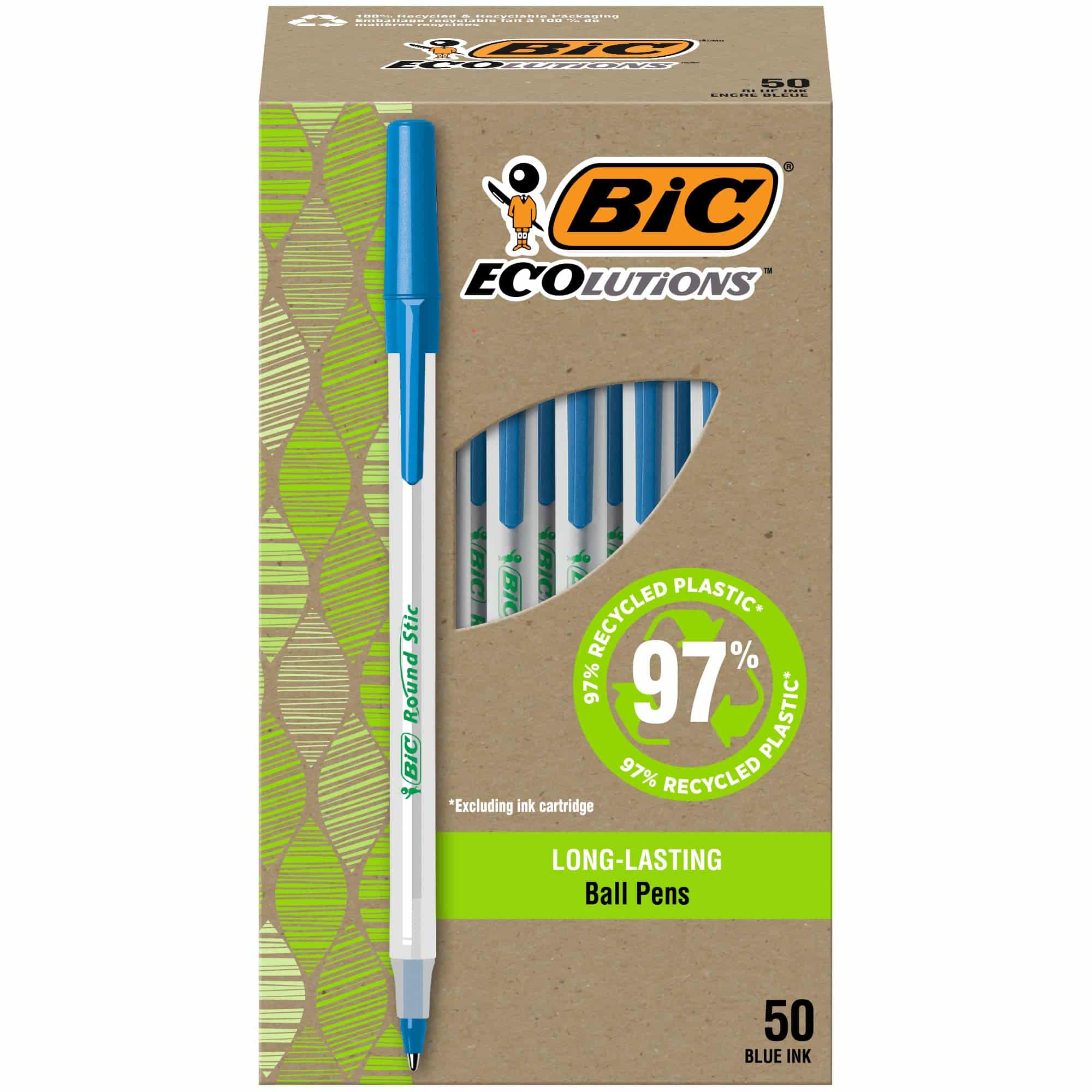 BIC Ecolutions Round Stic Ballpoint Pens, Medium Point (1.0mm), 50-Count Pack, Blue Ink Pe