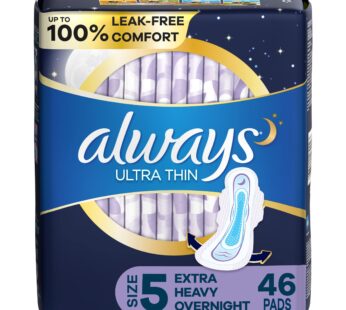 ALWAYS Ultra Thin Size 5 Extra Heavy Overnight Pads With Wings Unscented, 46 Count