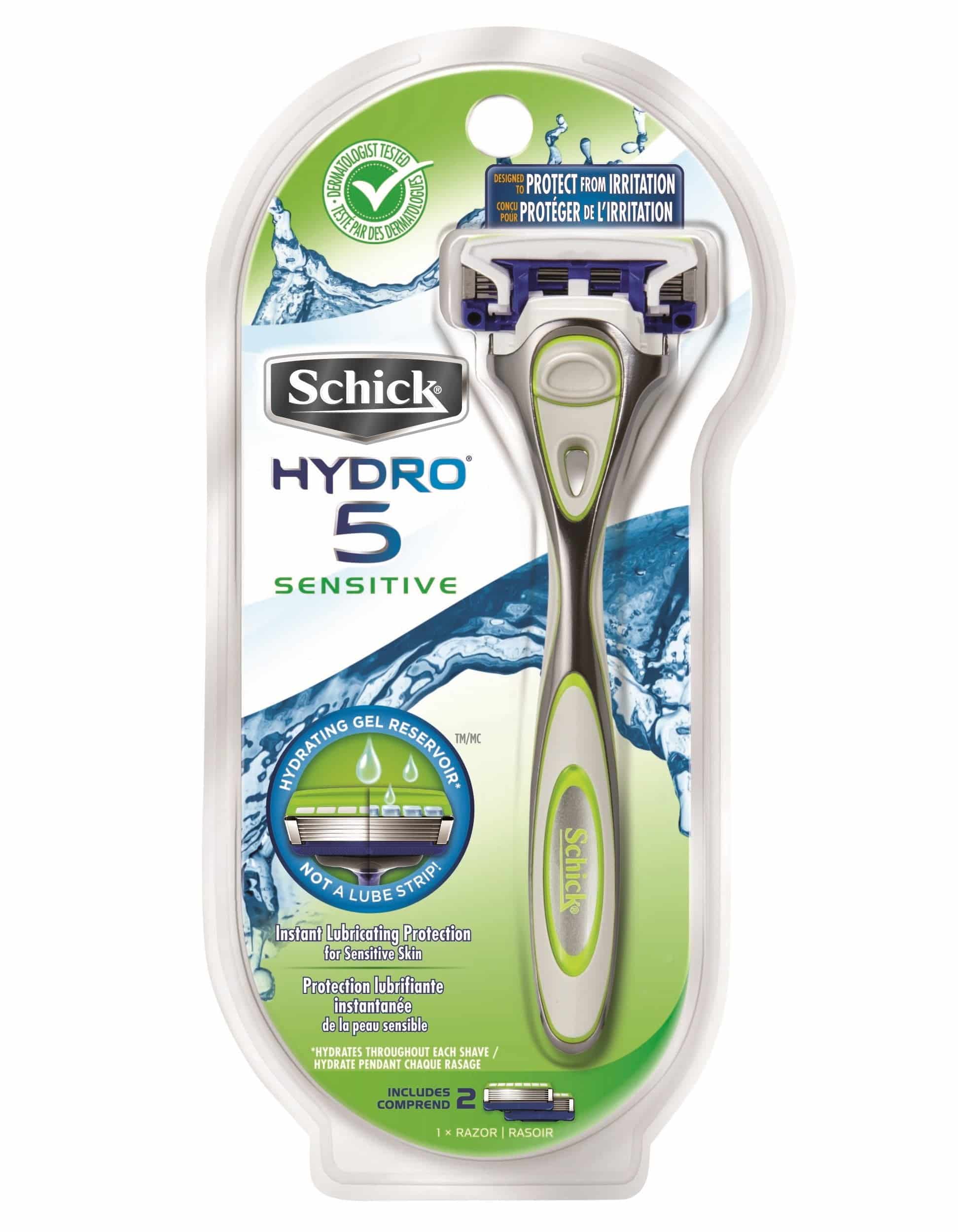 Schick Hydro 5 Sensitive Skin Razor with Shock Absorb Technology for Men, 1 Handle with 2